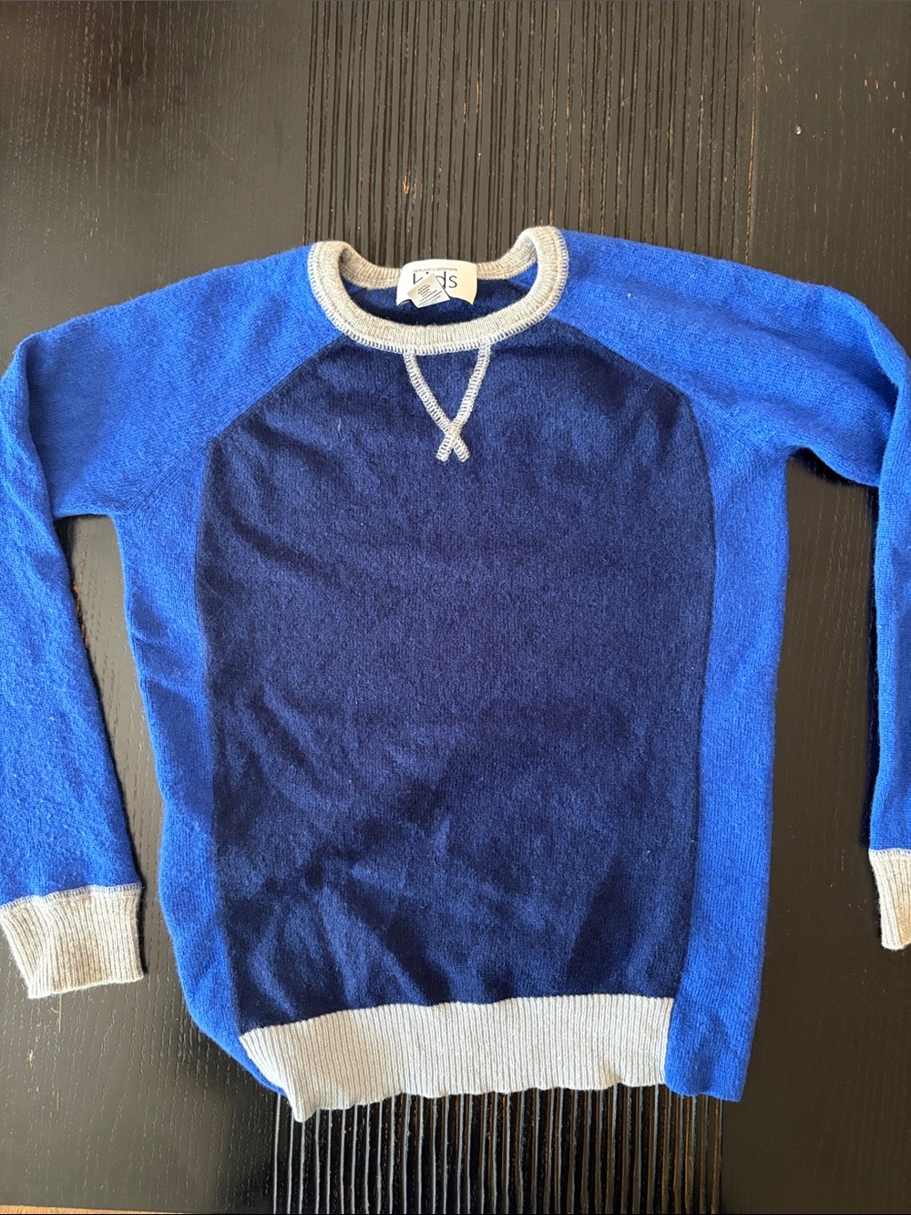 Autumn Cashmere Navy and Bright Blue Crewneck Sweater with Tan Trim